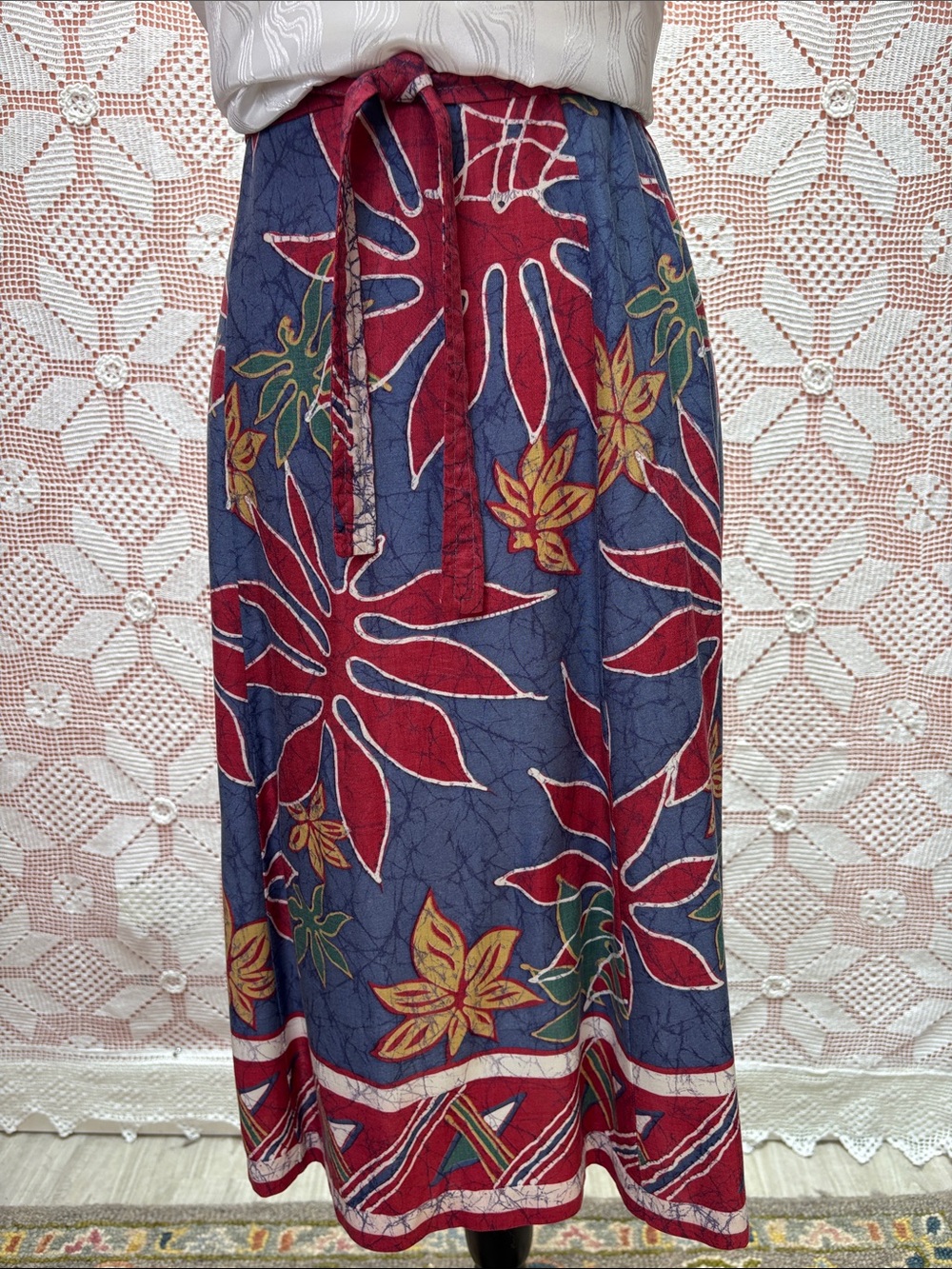 Vintage Tropical Batik Wrap Skirt | Tie Waist Midi | Sz Small